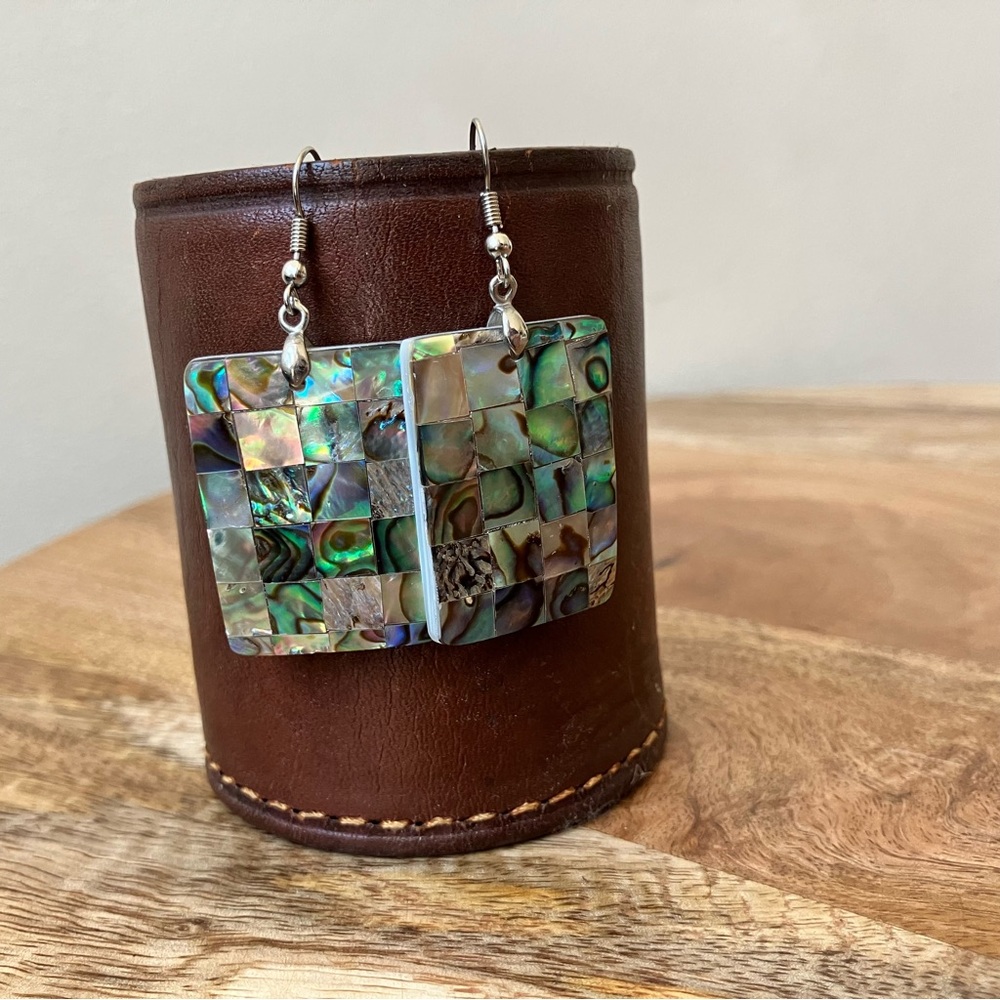 Abalone Checkered Pendant Dangle Earrings